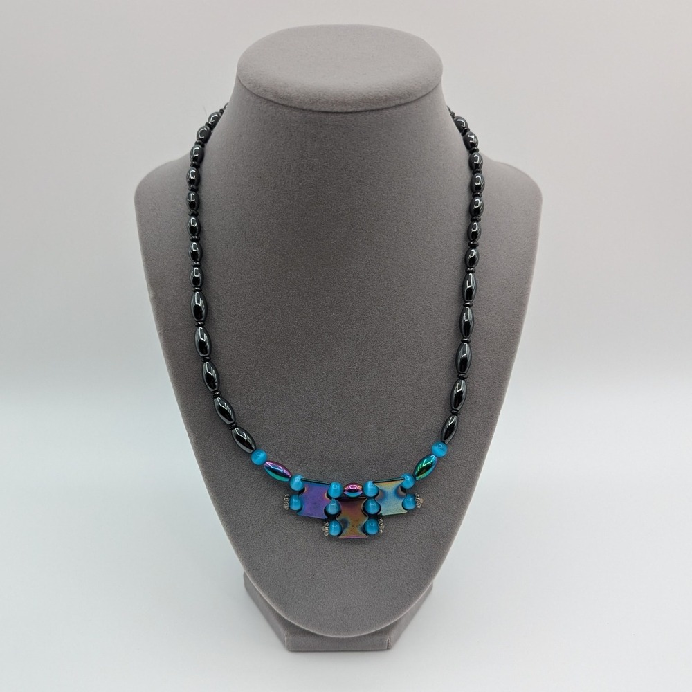 Hematite Magnetite Bead Necklace‎ Blue Iridescent Accent Clasp